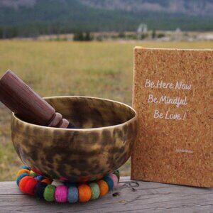 Handmade Nepal Singing Bowl Set + Cork Journal & Colorful Mat 🌿 Meditation Kit